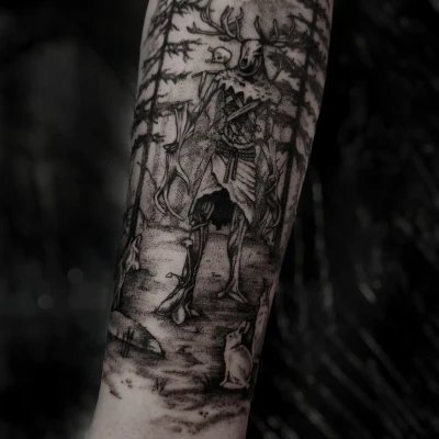 Dark fantasy tetovanie Leshyho z hry Witcher v dotworkovom štýle